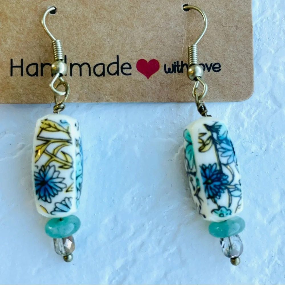 Handmade Floral Earrings with Blue Accents - Picture 3 of 5